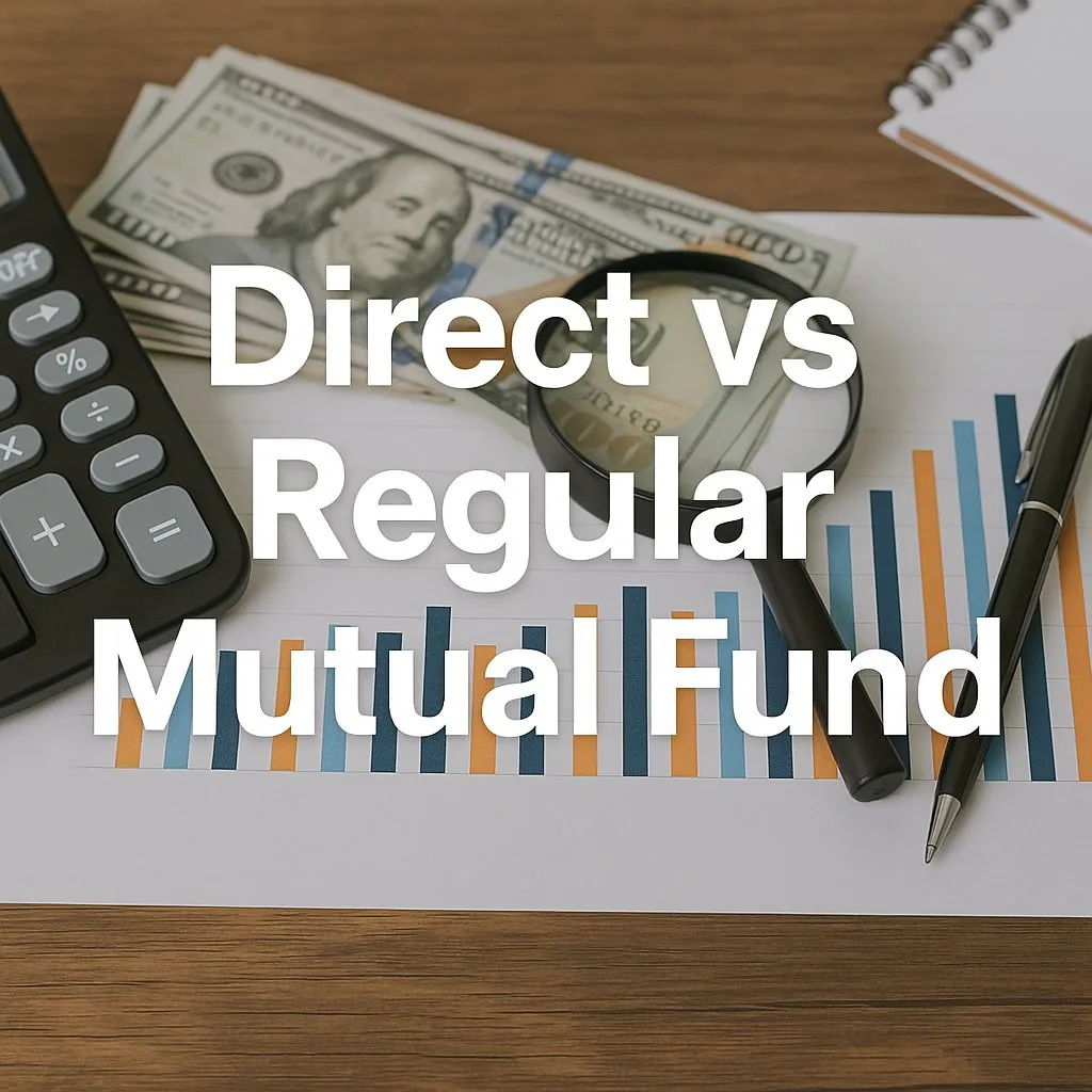 A financial comparison scene with bar charts, cash, calculator, and the text "Direct vs Regular Mutual Fund" overlaid.