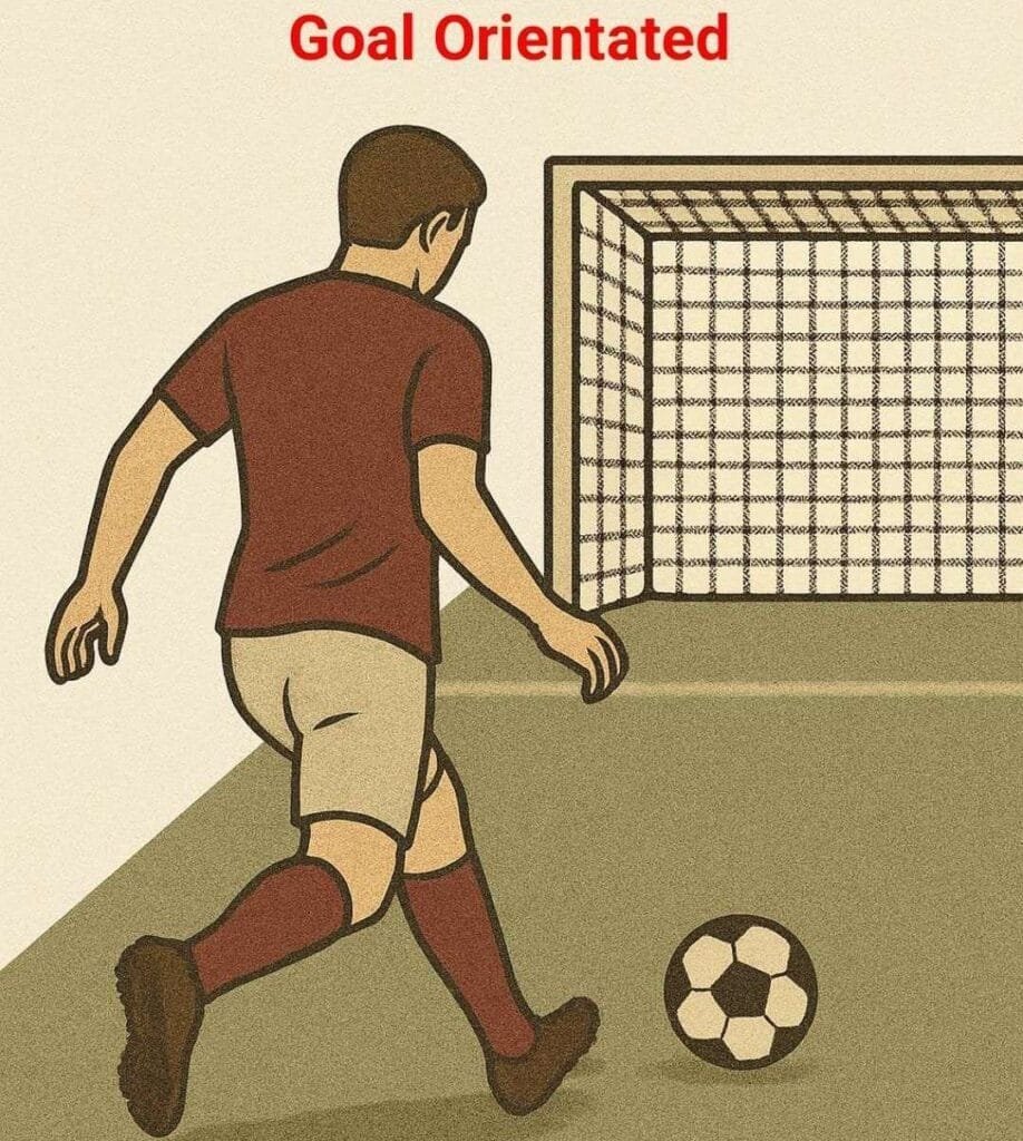 A football player aiming a kick at a goalpost with a soccer ball in front.
