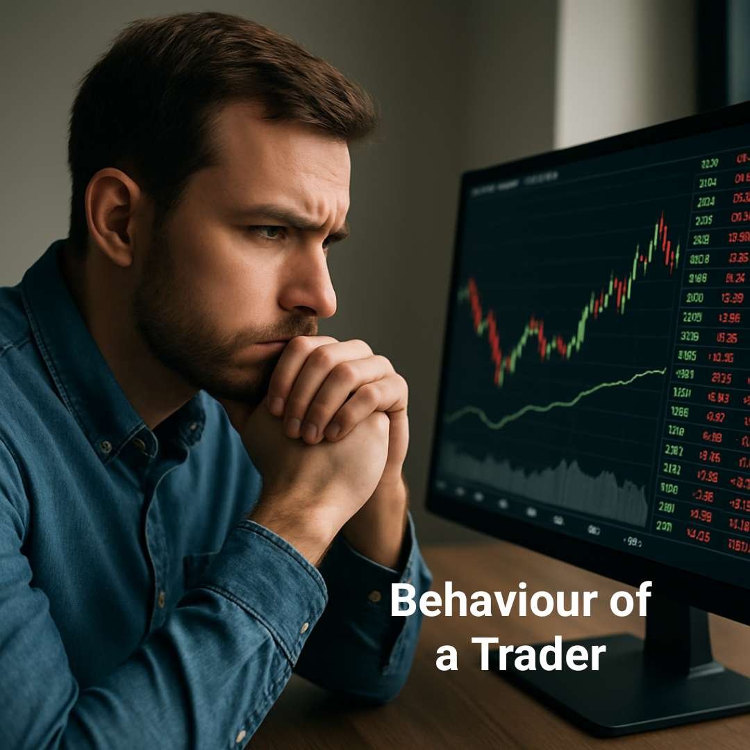 Serious man analyzing stock market charts on a computer screen in a dim office setting