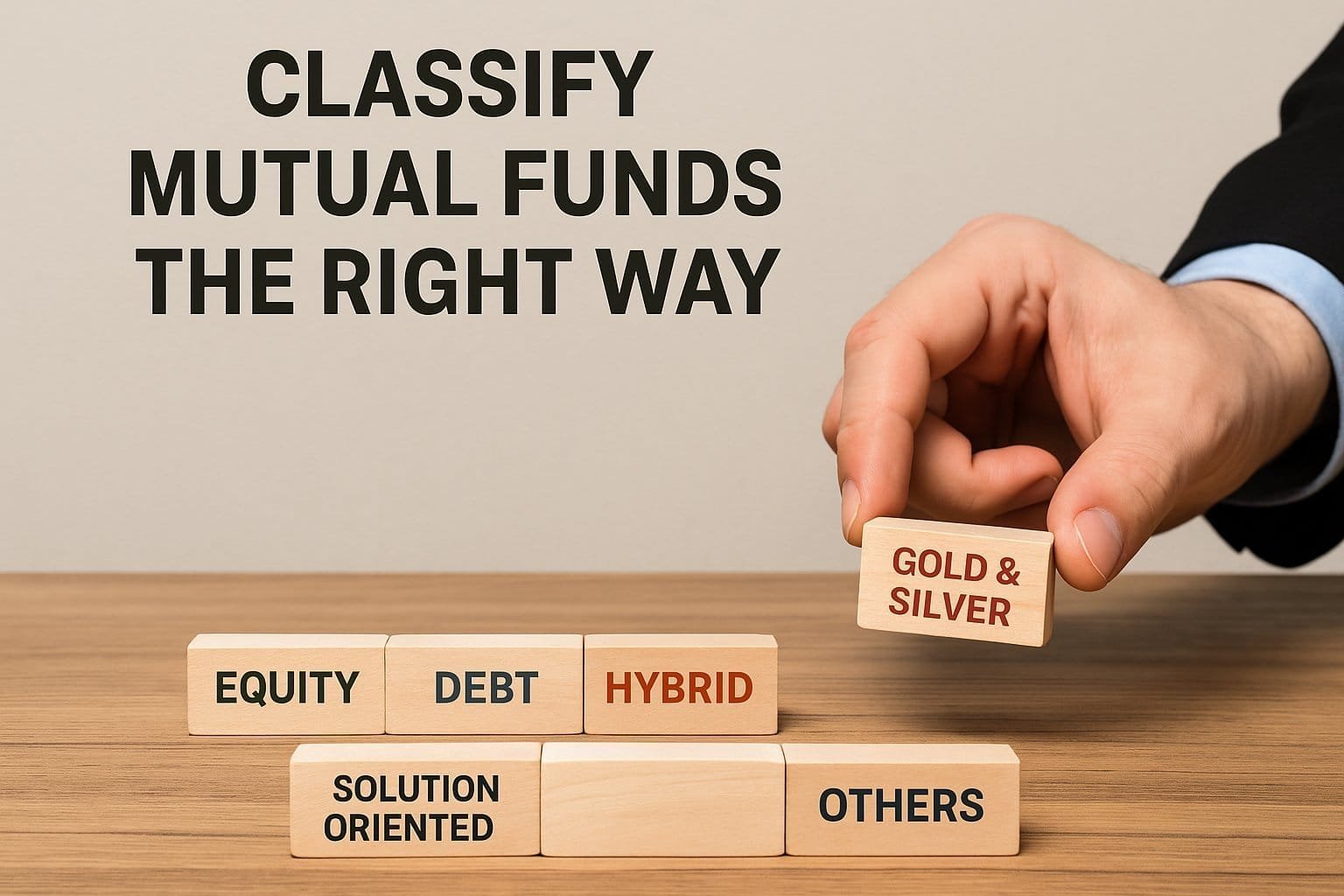 DSLR shot of a professional hand arranging different labeled blocks (Equity, Debt, Hybrid, etc.) on a wooden desk