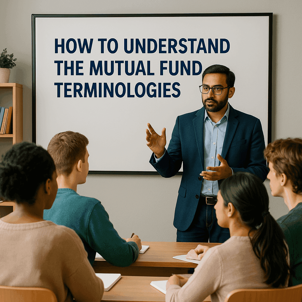 An expert instructor in a blazer teaches a group of attentive students about mutual fund terminologies in a classroom with a whiteboard labeled “How to Understand the Mutual Fund Terminologies.”