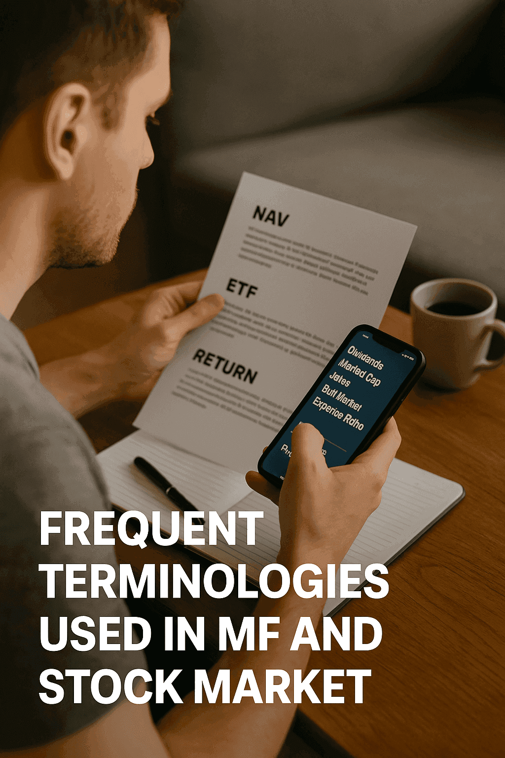 A young man reading a printed sheet listing stock market and mutual fund terms like NAV, ETF, and Return, while checking related terms on his smartphone at a cozy wooden table with a coffee mug and notebook.