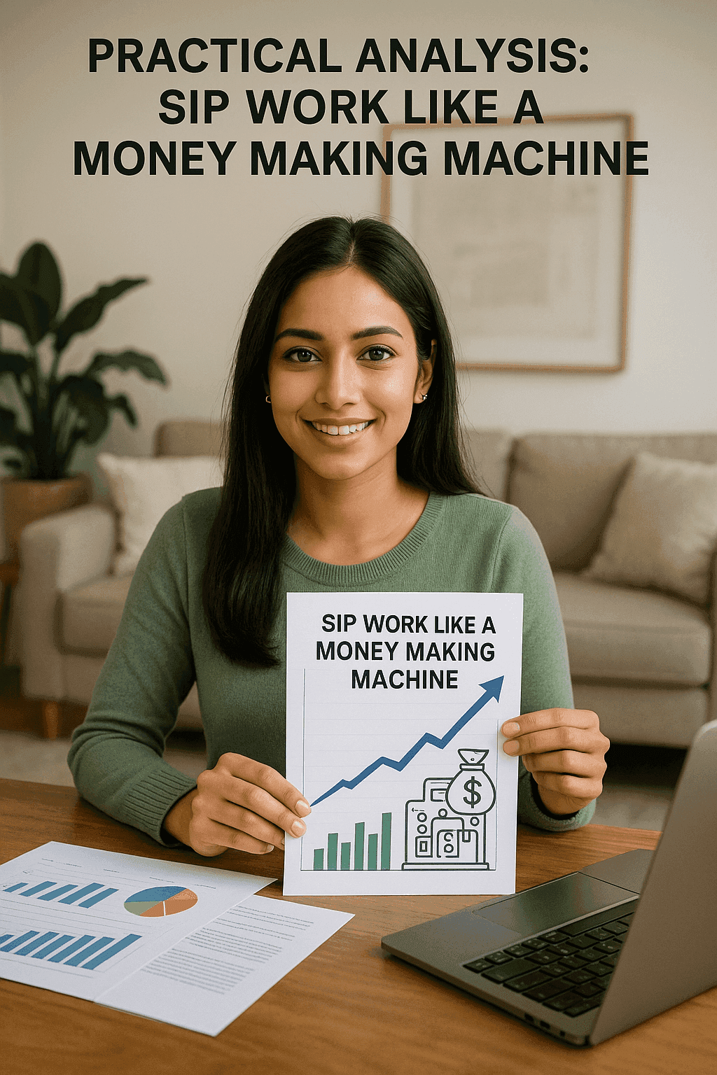 A young South Asian woman holding a SIP growth chart with a rising graph in a cozy living room, highlighting investment success.