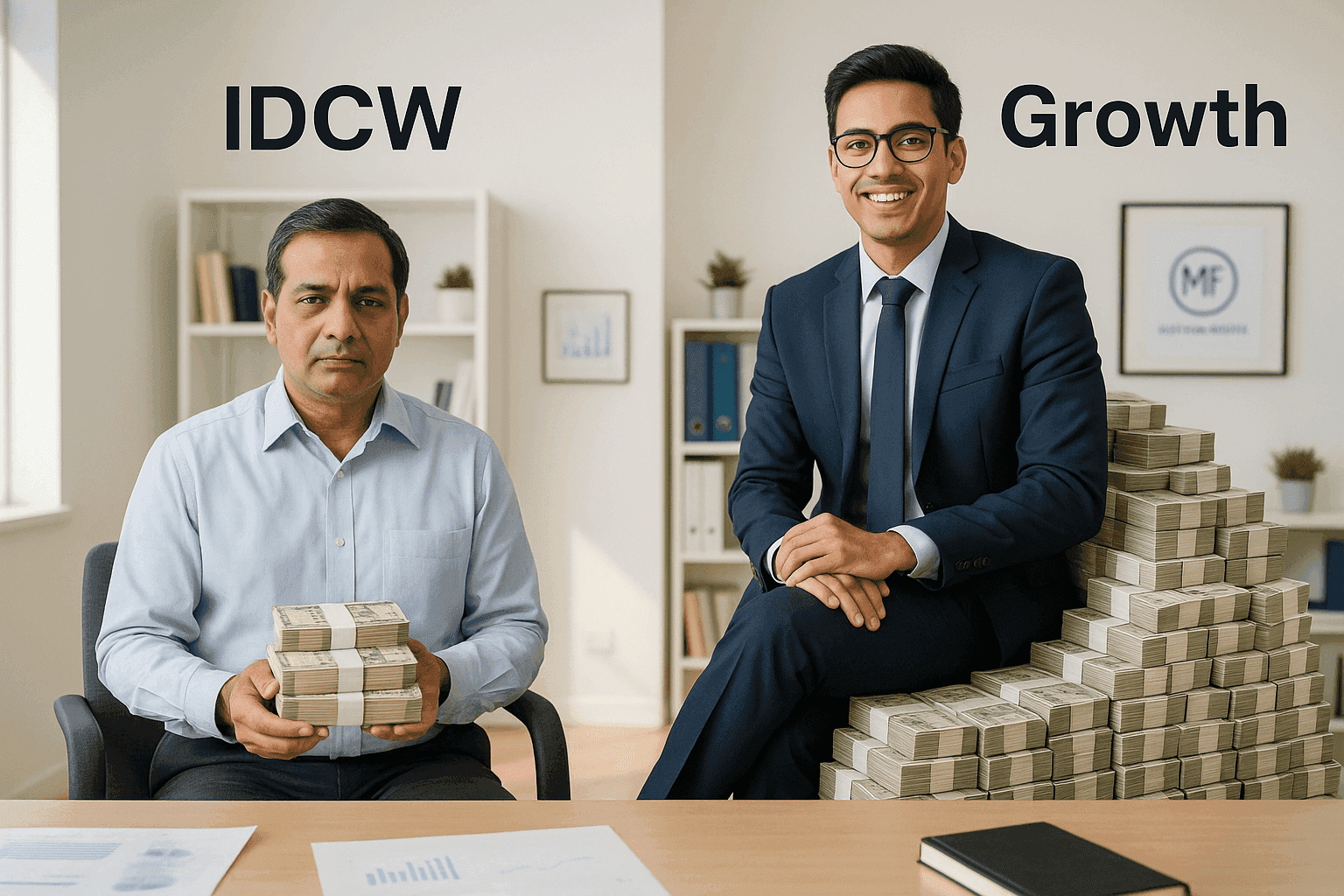 A man looking dissatisfied holding a few currency notes labeled “IDCW” stands beside another man lounging confidently on stacks of money labeled “Growth” in an office setting.