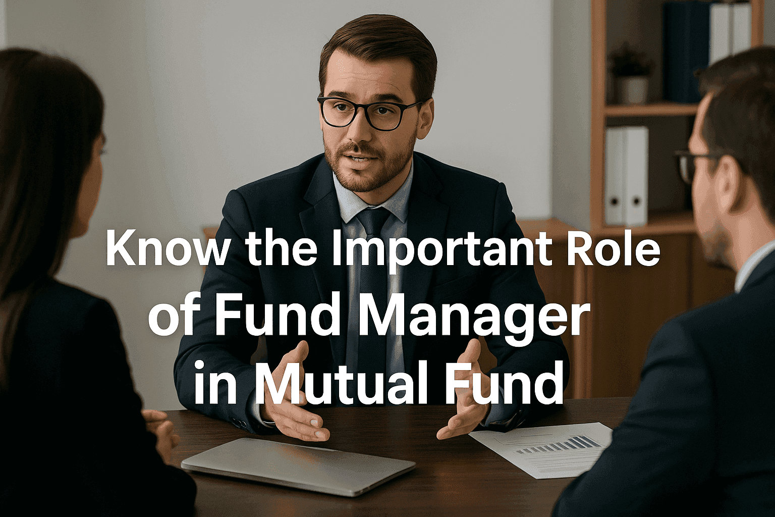 A mutual fund manager discussing investment strategy with team members in a corporate office setting