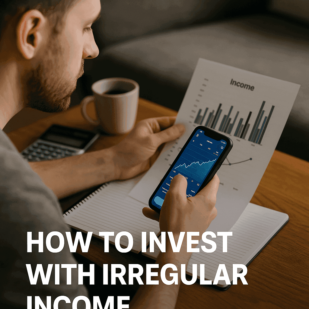 A young man analyzing income charts on paper and a smartphone while analysing irregular investments with his irregular income, sitting at a wooden table with a calculator and coffee mug.