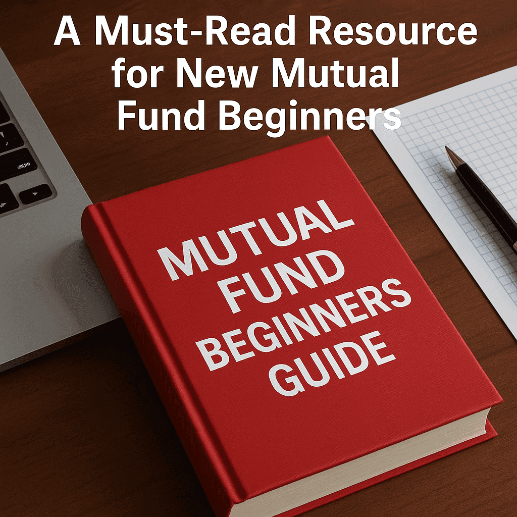 A red hardcover book titled "Mutual Fund Beginners Guide" on a desk with a laptop, graph paper, and pen.