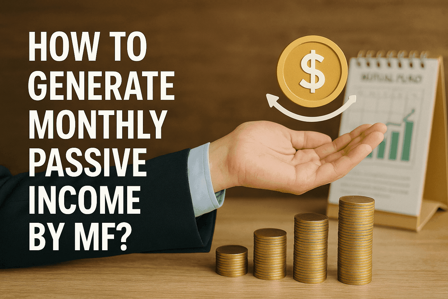 To illustrate passive income by Mutual Funds a hand is holding a coin, rising bar graph, and upward arrow.