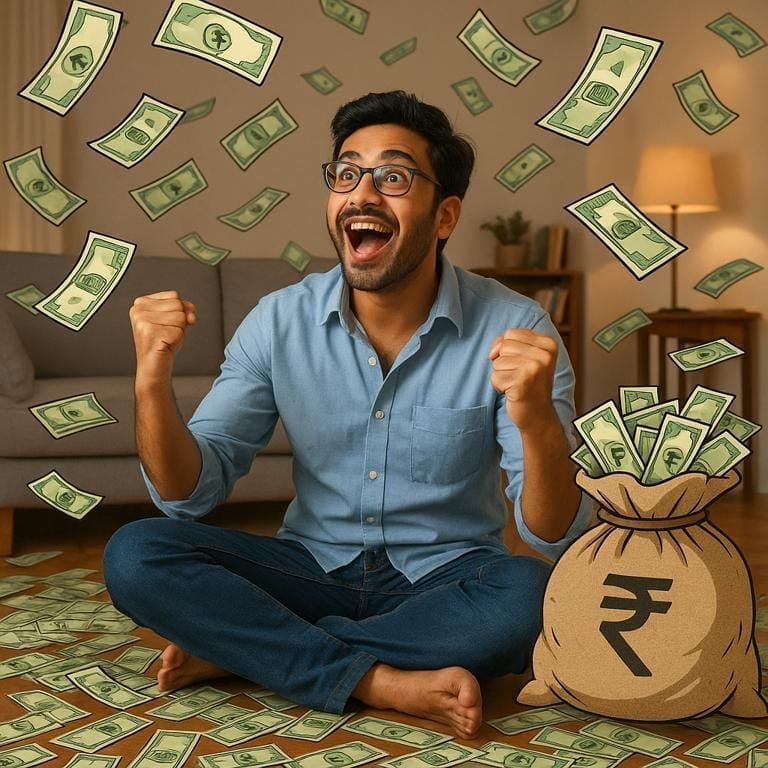 Excited man surrounded by cartoon-style Indian rupee notes, celebrating financial success in a cozy room.