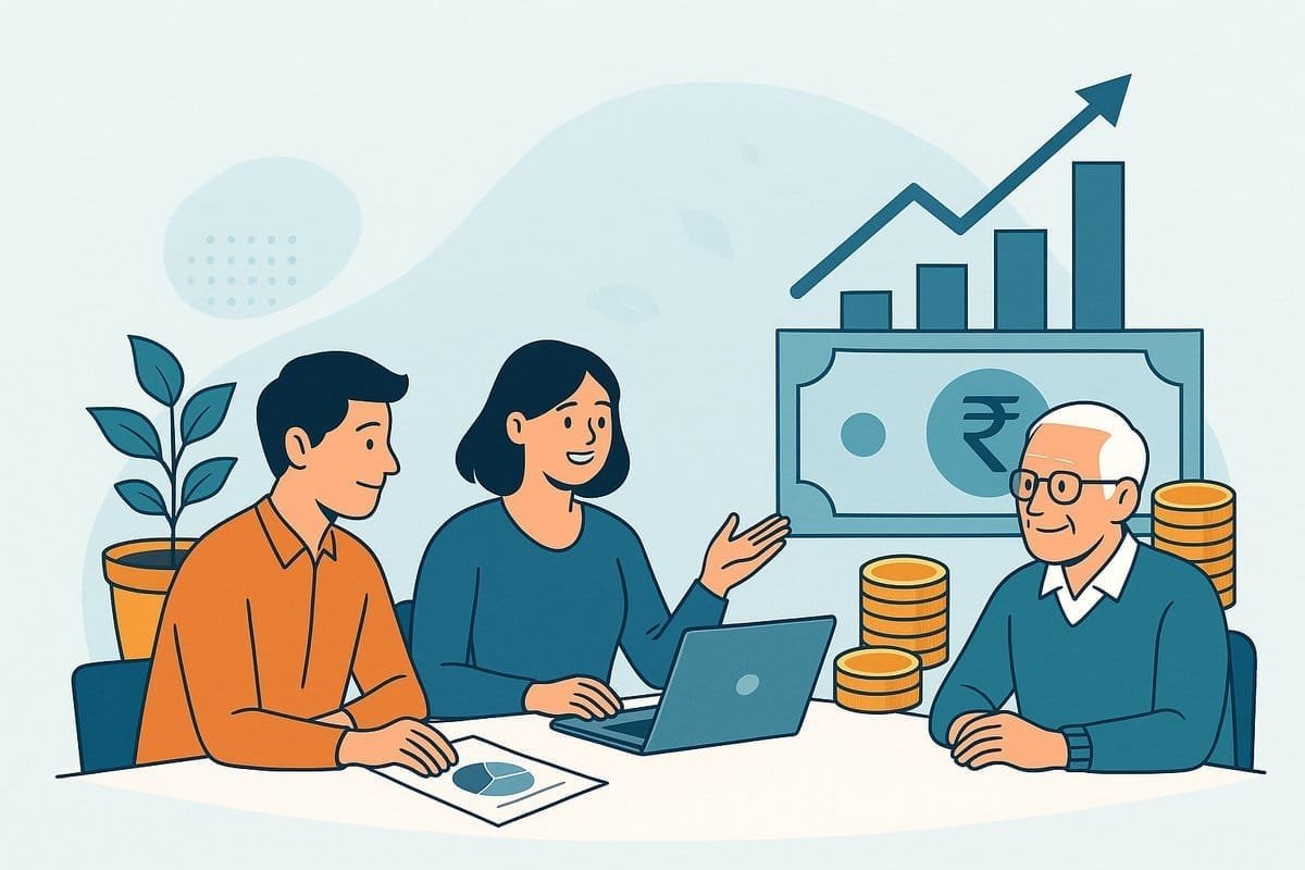 Illustration of diverse group of investors discussing financial planning with charts, coins, and an upward graph representing long-term investing and personal finance in India. Preparing to invest