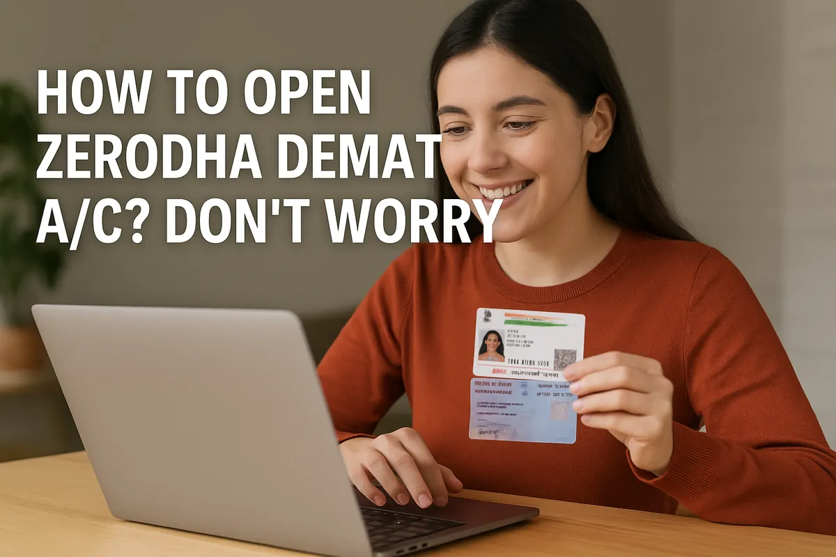 A young woman happily opening her Zerodha Demat account online using Aadhaar and PAN card.